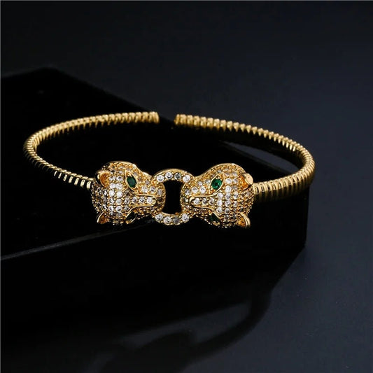 Double Panther Design Gold Plated Bracelet with Zircon Gems Birthday Gift for Her Double Panther Bracelet in Gold with Zircon Crystals